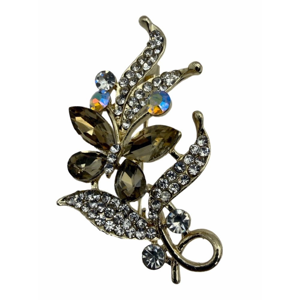 Gold Tone Butterfly Floral Brooch Smoky Topaz AB Crystal Rhinestone Pin Vintage